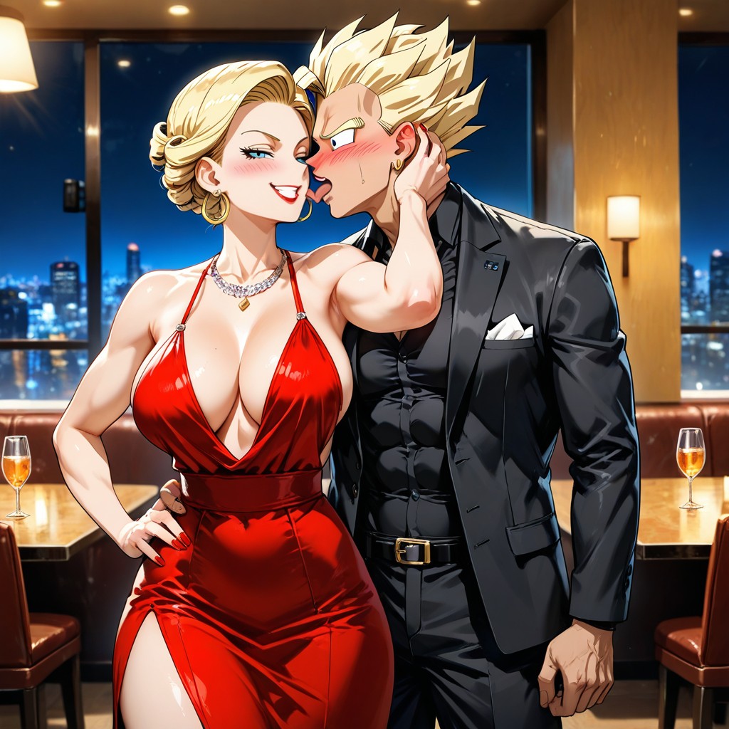 Her Arm Around The Man's Neck And Her Hand On His Cheek Both Look Incredibly Elegant And Attractive A Luxurious Living Room, Red Lipstick, Restaurant Hentai AI Porn