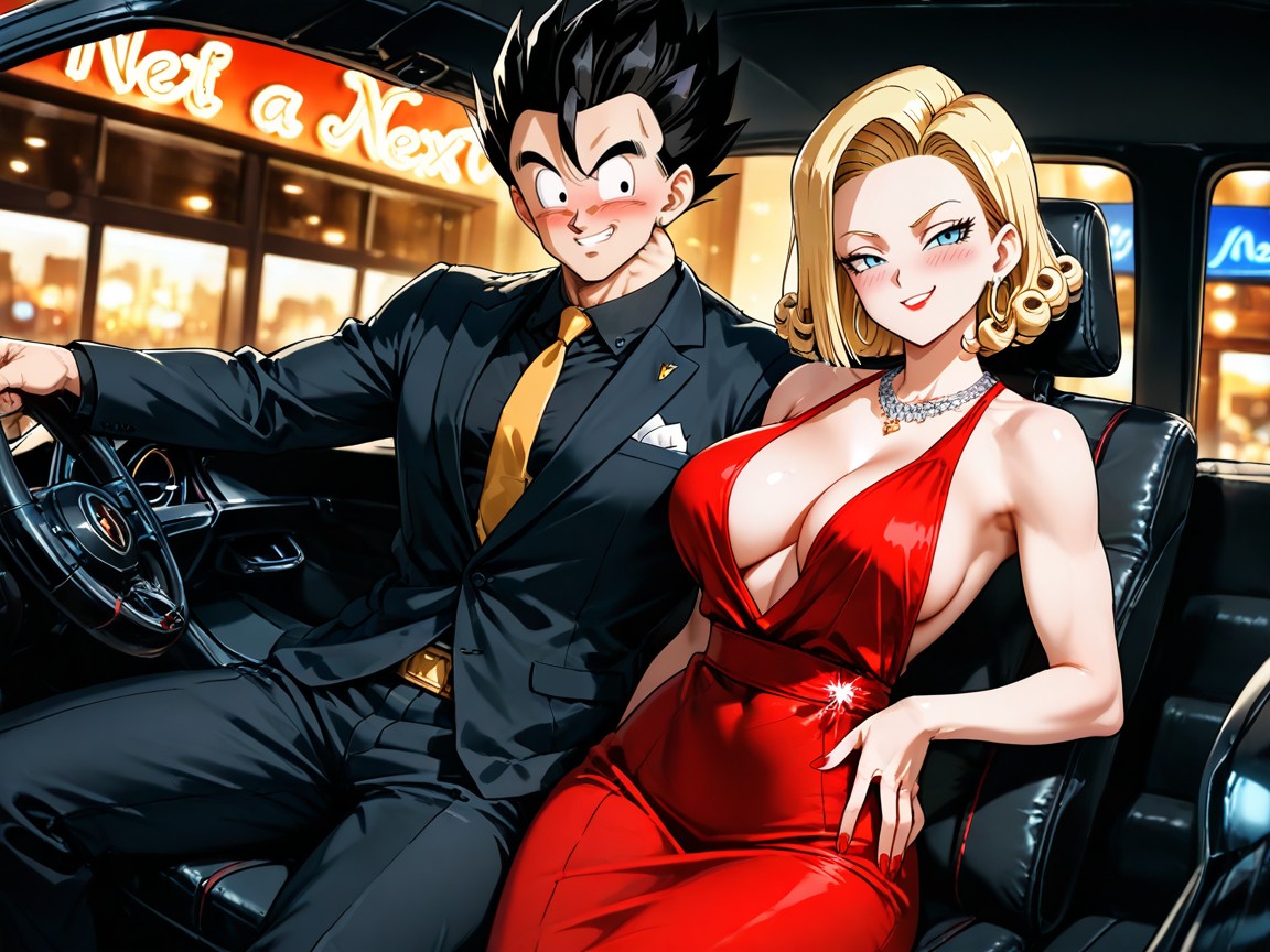 Diamond Necklace, Smug Expression, Standing With One Hand On His Hip; Android Wears A Backless Red Evening Gown With A Side Slit Hentai AI Porn