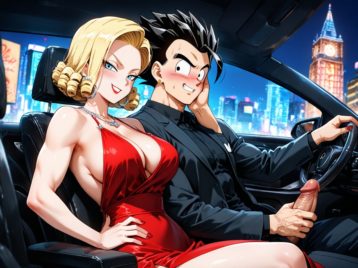 Sitting In A Lamborghini, In A Precise Anime Style With Clean Lines, Blue Eyes Hentai AI Porn