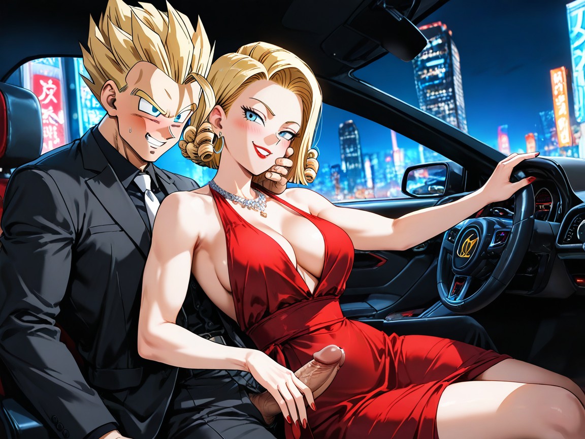 Standing With One Hand On His Hip; Android Wears A Backless Red Evening Gown With A Side Slit, Red Lipstick, Permed Hair Hentai AI Porn