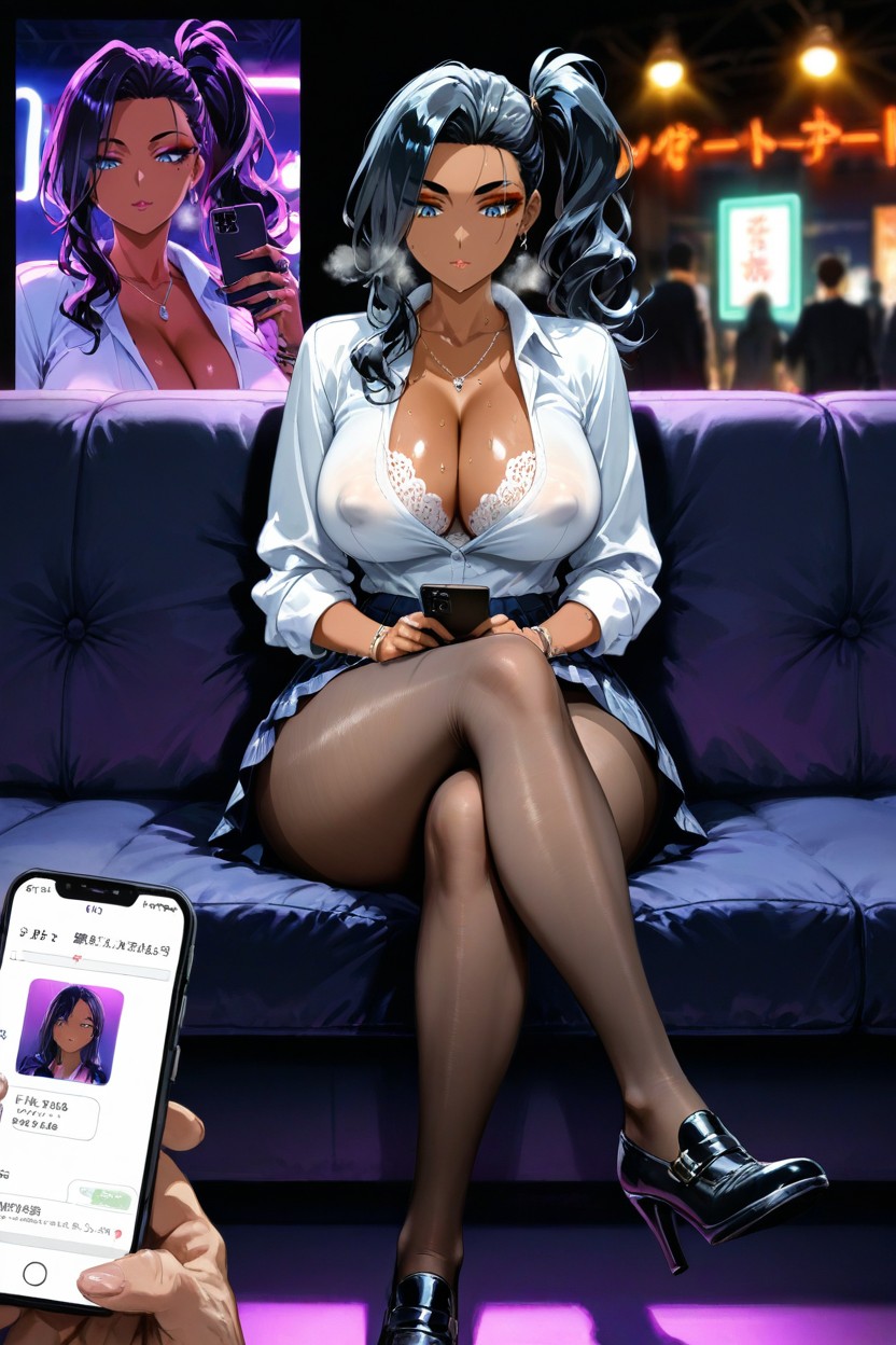 Holding Phone With Both Hands, Plain White Shirt, Nightclub Interior Hentai IA