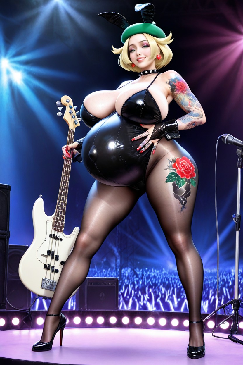 Holding Bass Guitar, Hyperrealistic, Green Hat Hentai AI Porn
