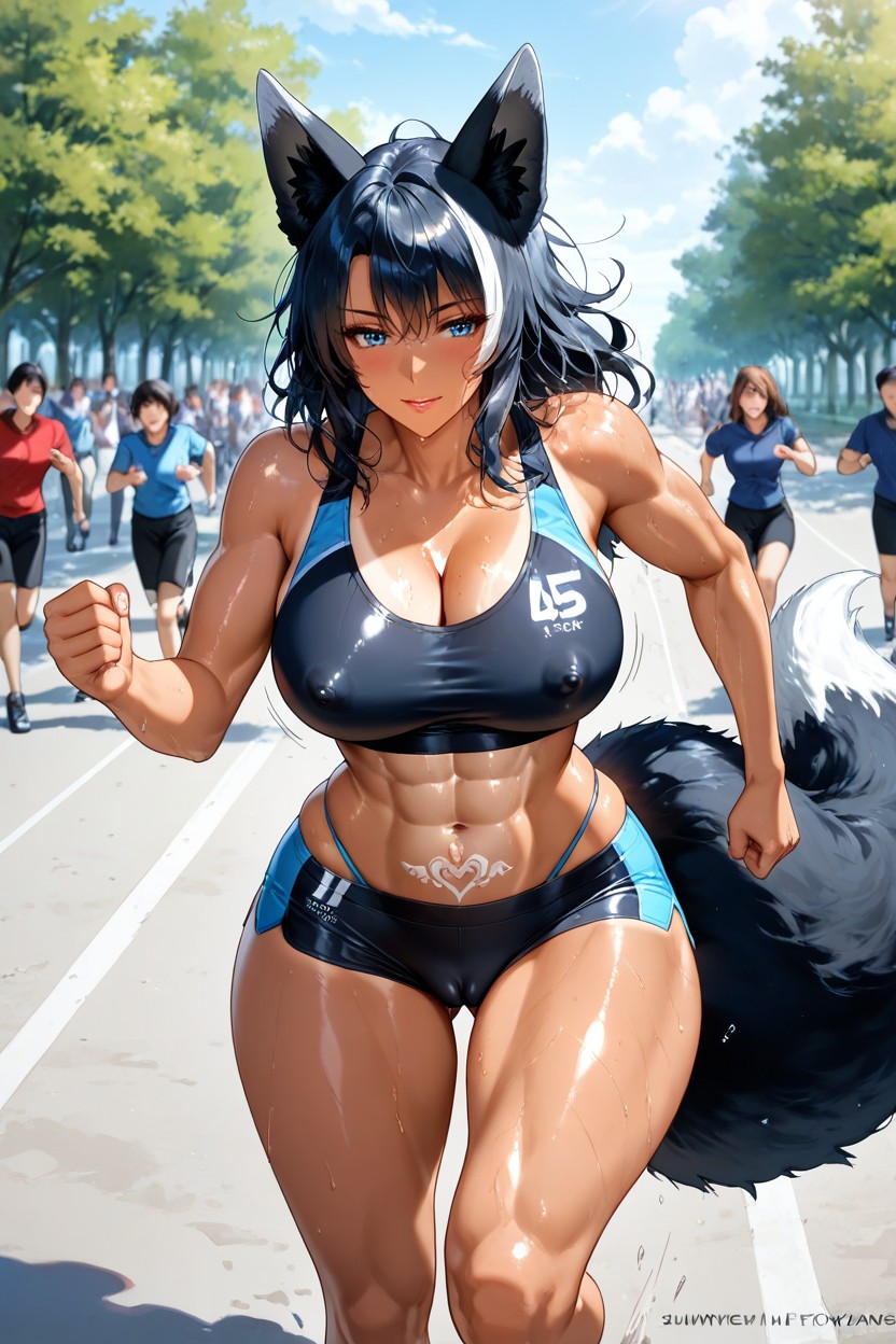 Running In Park, Shiny Black Bootyshorts, Slight Cameltoe Hentai AI Porn