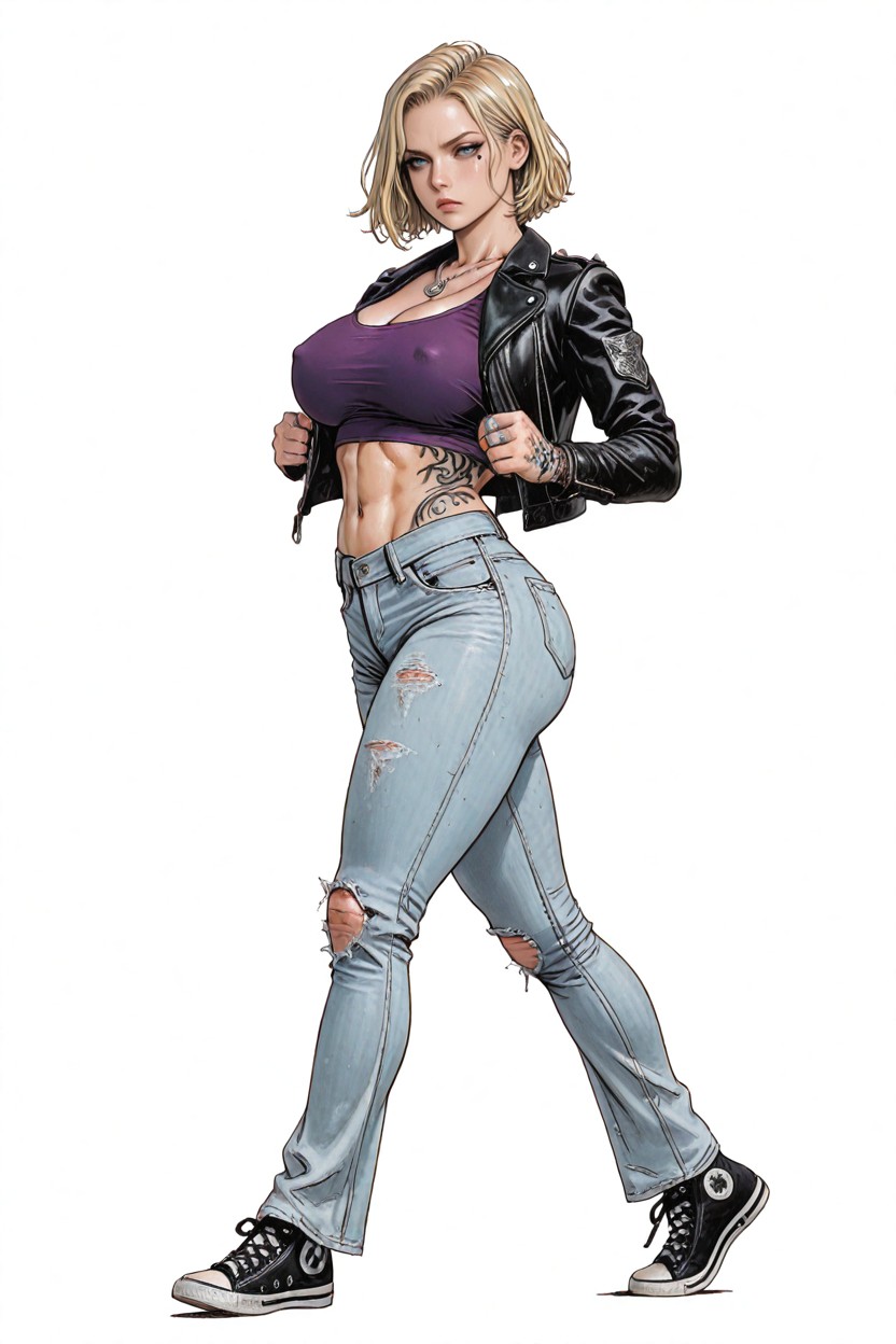 Blonde, 18+, Black Cropped Leather Jacket Worn Open Hentai AI Porn