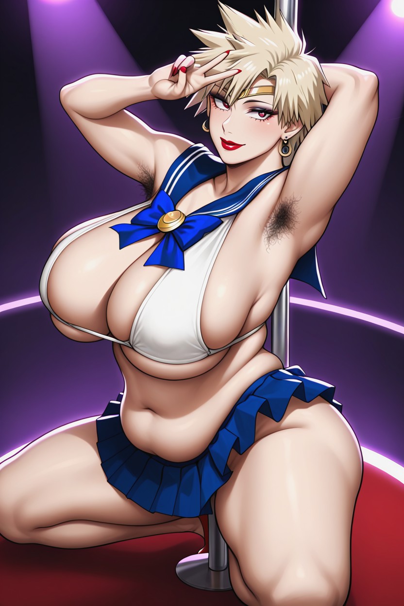 Hairy Armpit, Pubic Hair Peek, Wearing Loose Sailor Moon Clothes Hentai AI Porn