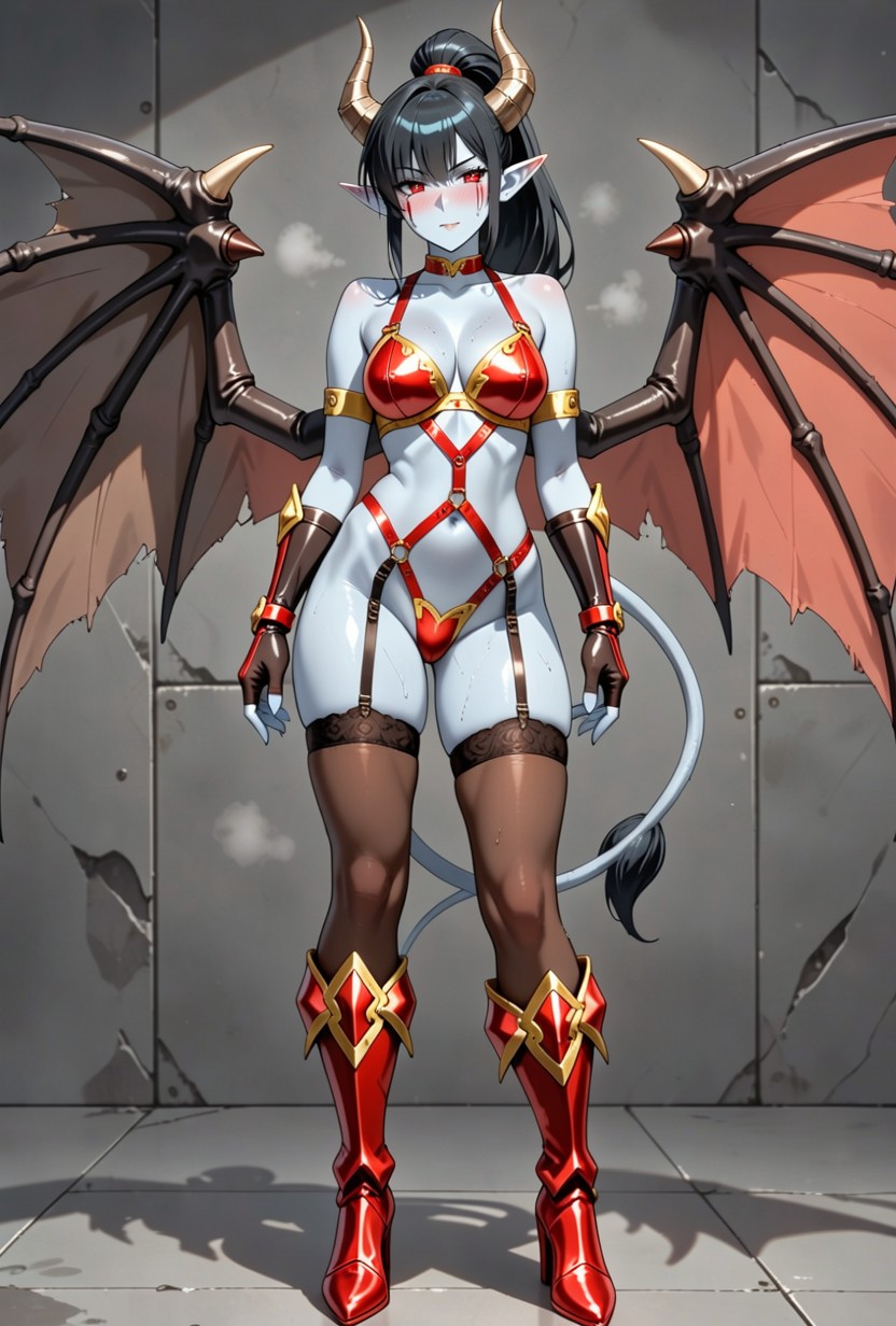 Medium Breast, Dark Brown Elbow Length Gloves, Blue Gray Skin Hentai AI Porn