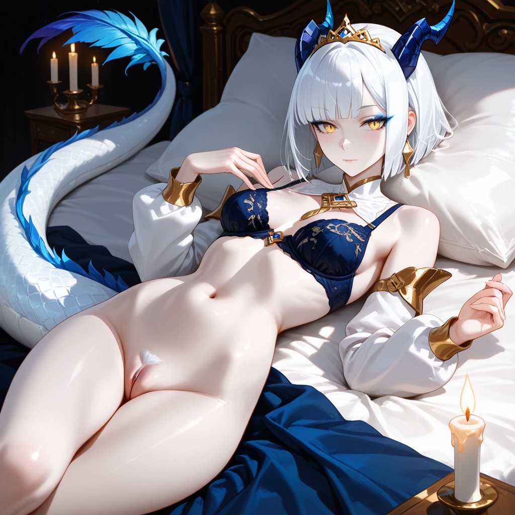 Pale Yellow Eyes With Vertical Slit Pupil, No Bangs, Nude Wearing Only A Dark Blue Lacy Bra Hentai AI Porn