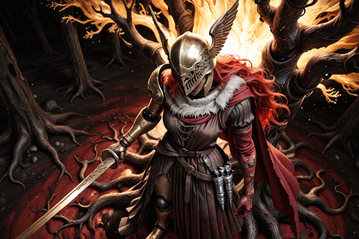 No Other People, Very Long Flowing Red Hair Gloomy Ambient Light, Leather Belts Around Waist Hentai IA