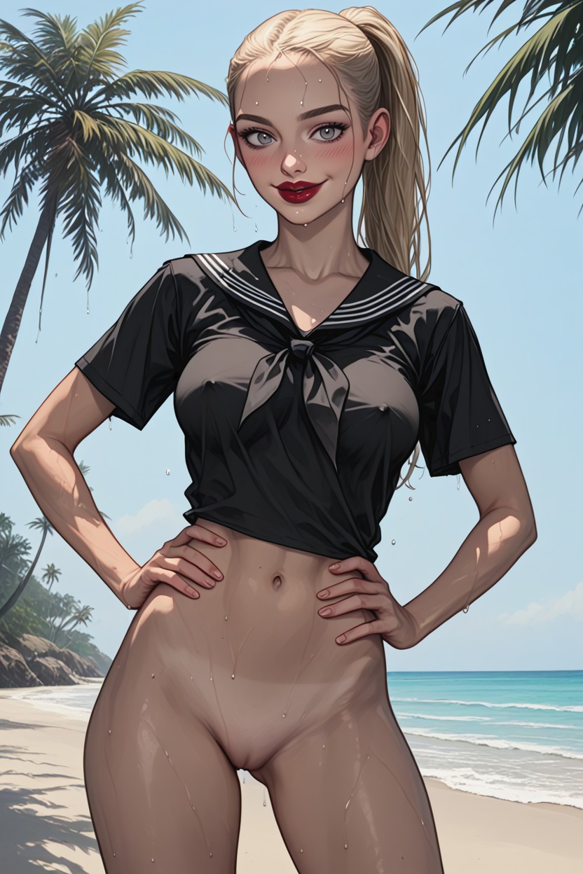 On Beach, Skinnyleg, Pechos Medianos Hentai IA