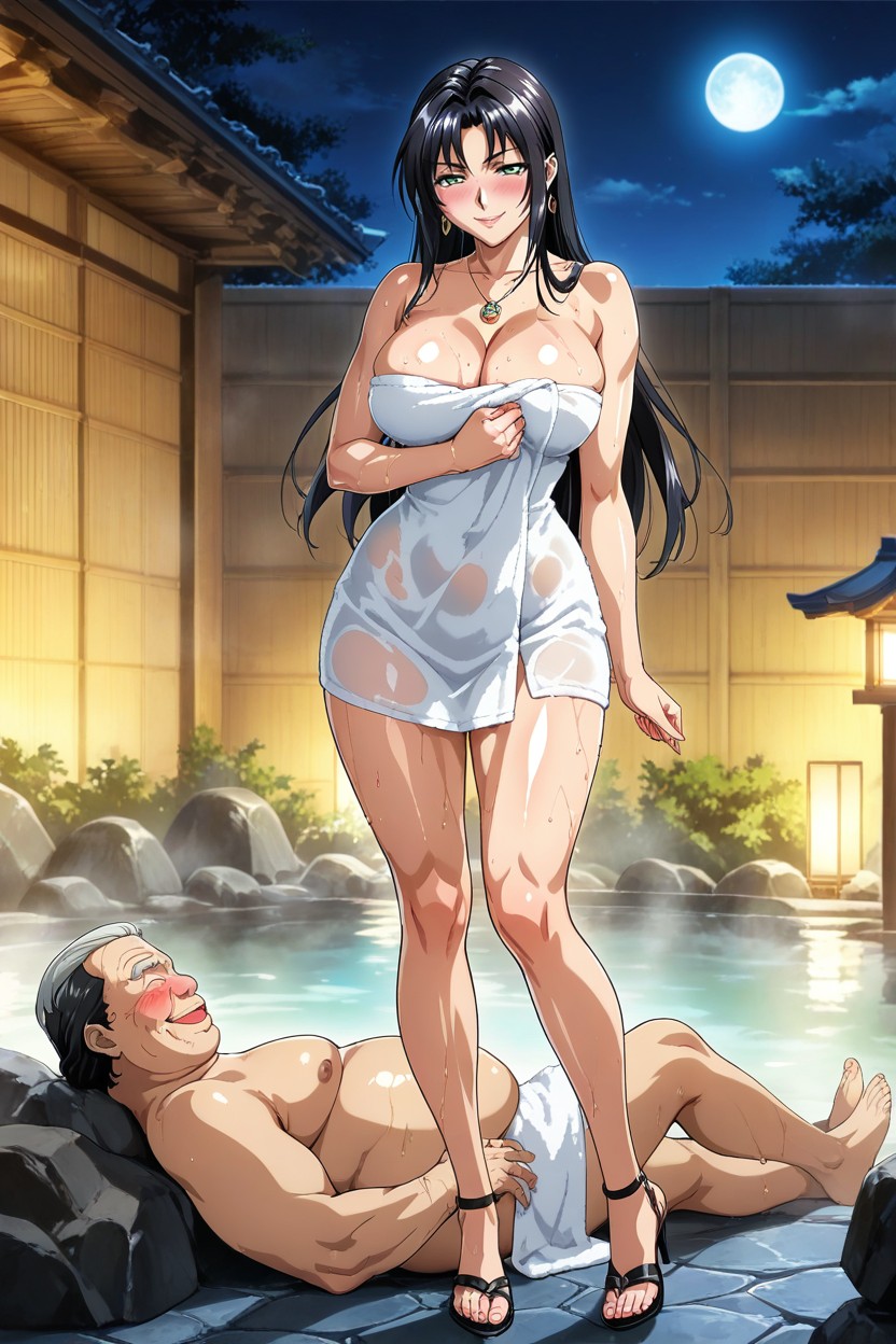 Wide Shot, Oiled Skin, Fat Old Man In Japanese Hot Spring Hentai AI Porn