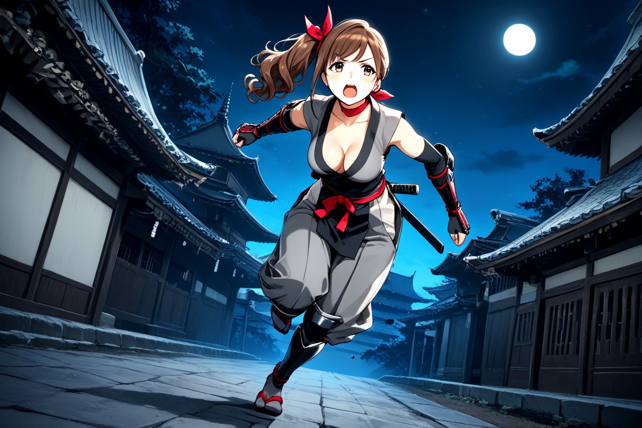 Grey Ninja Hakama, Night Time, Torso Hunching Forward Hentai AI Porn