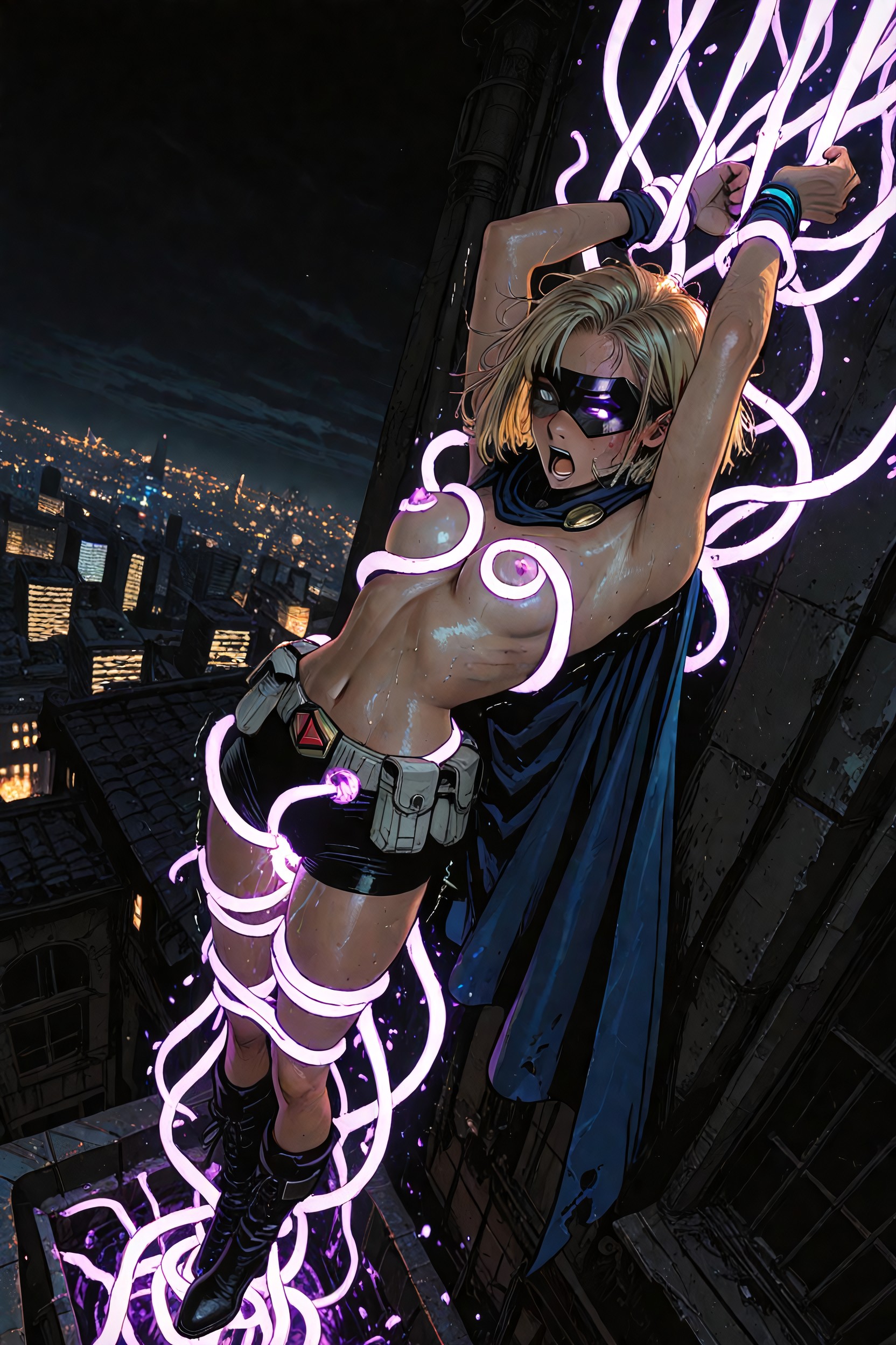 Blonde Hair, Cinematic, Glowing Purple Magical Tentacles Wrapping Around Body Hentai AI Porn