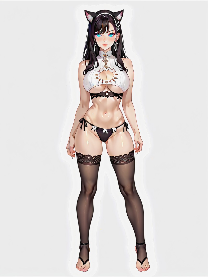 Pelo Negro, Pecho Inferior Visible, Neko Ears Matching The Hair Color Hentai IA