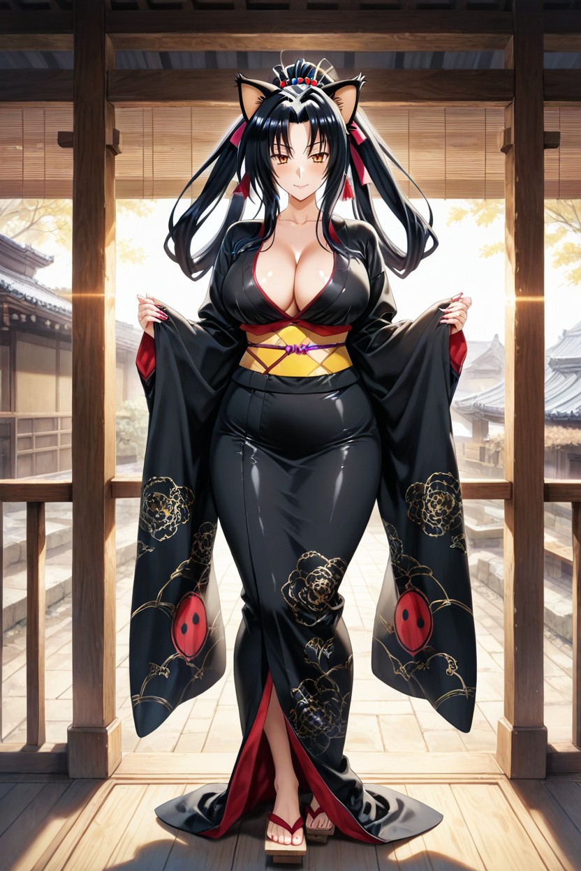 A Vibrant Yellow Obi Sash Is Meticulously Tied With A Large, Kuroka From Dxd, Balcón Hentai IA