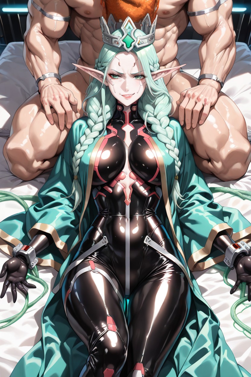 Man, Extremely Long Silver Braided Hair, Three Distinct Adult People Hentai AI Porn