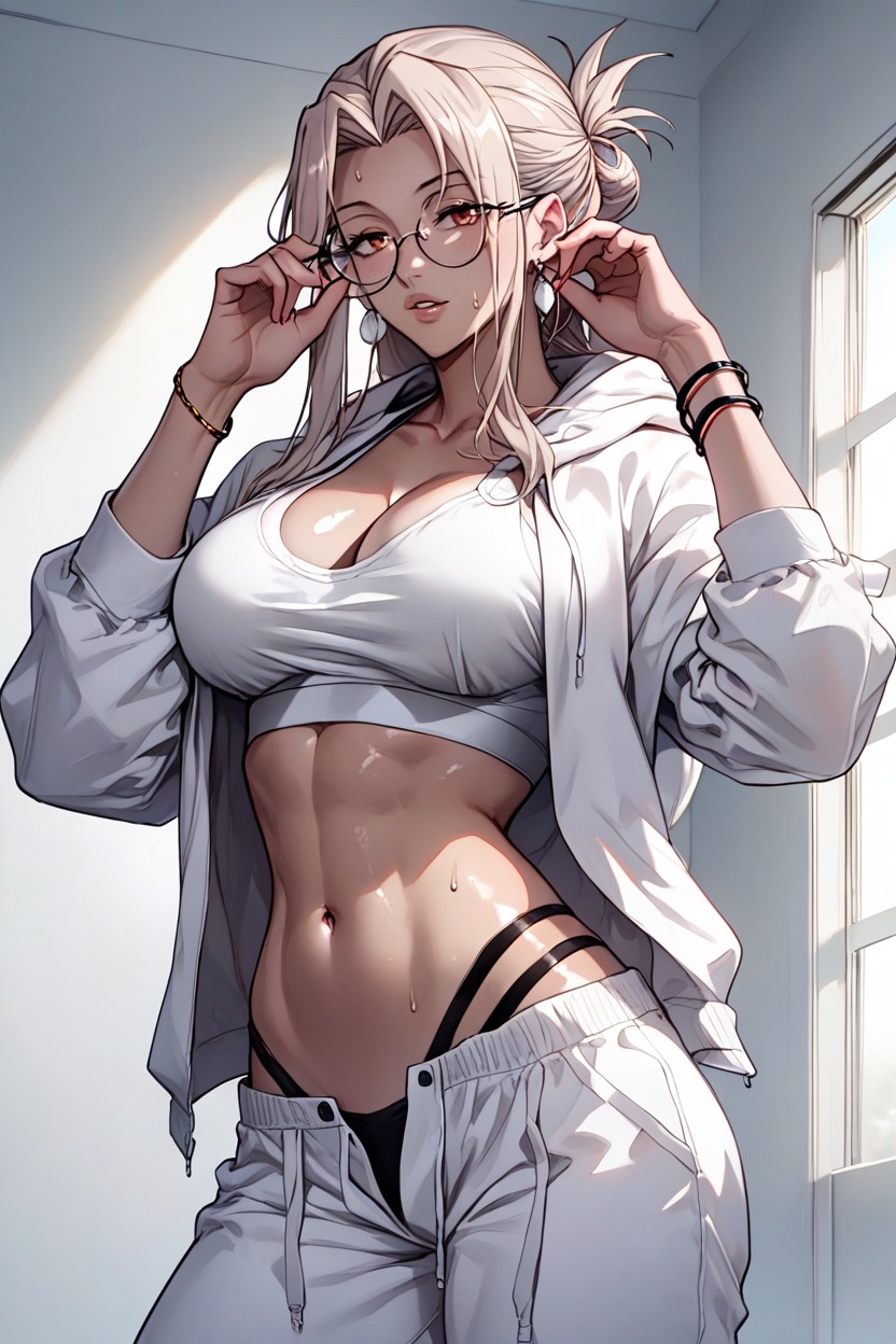 White Sports Bra, From The Front, Adjusting Glasses Hentai AI Porn