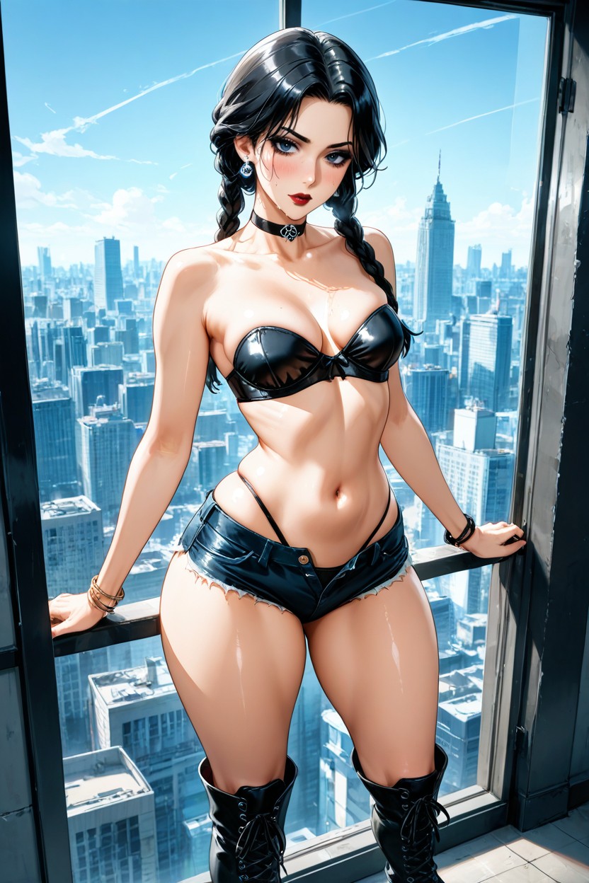Unbuttoned Microshorts, 작은 가슴, Legs Spread 헨타이 AI 포르노