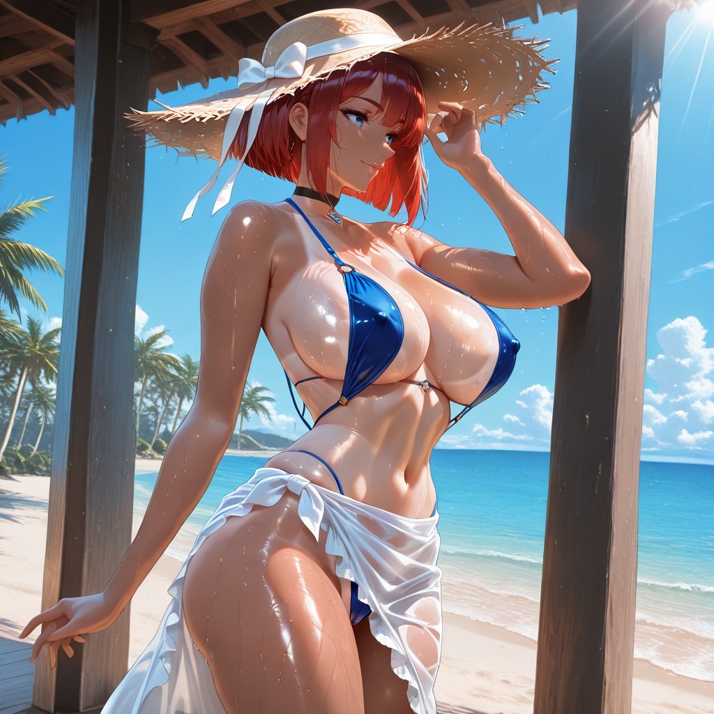 Beach, Moist Blue Eyes, Red Bob Hair Hentai IA
