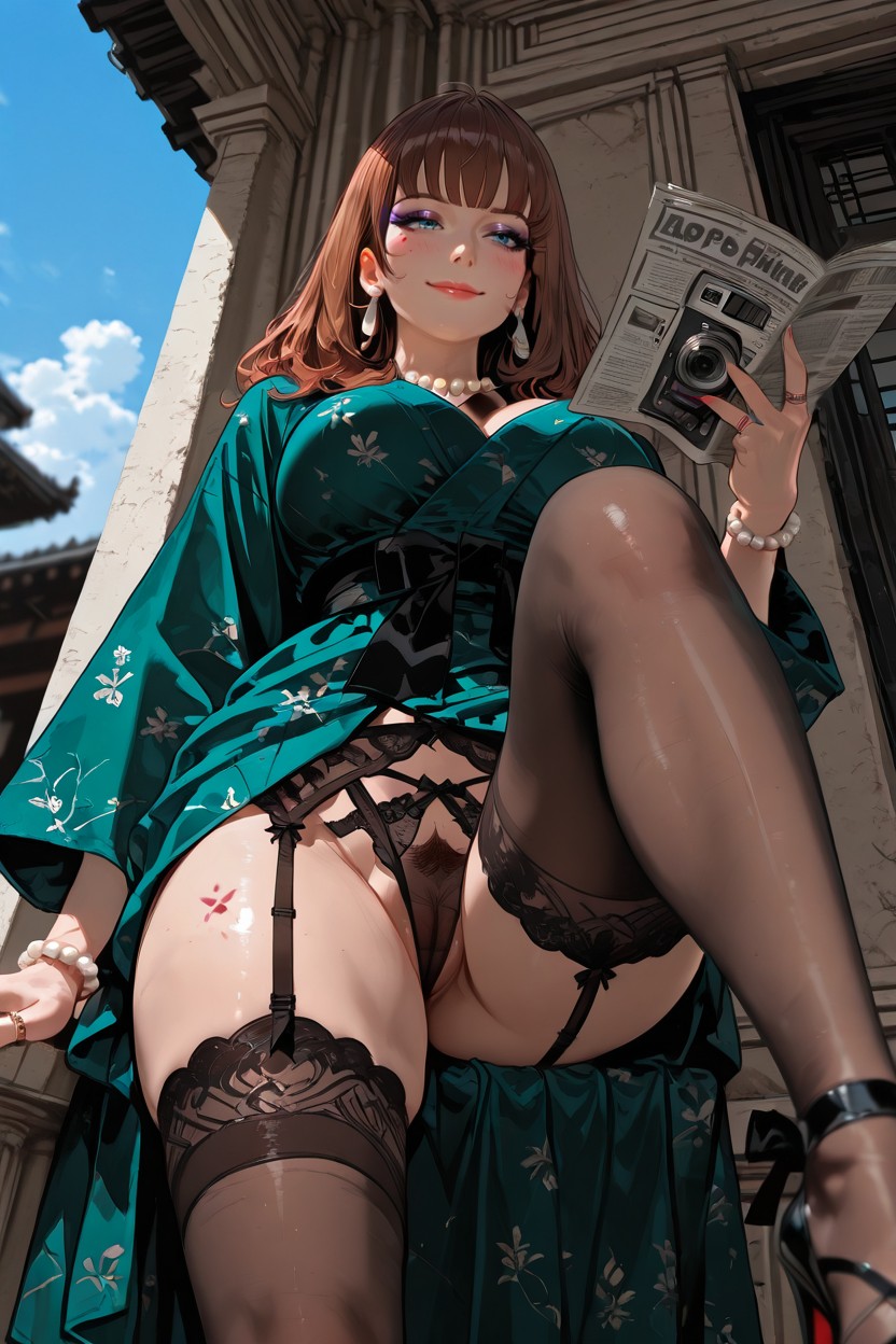 Long Curly Brunette Hair With Auburn Highlights, And Pearl Bracelet Low Angle View, Vintage Aesthetic Hentai AI Porn
