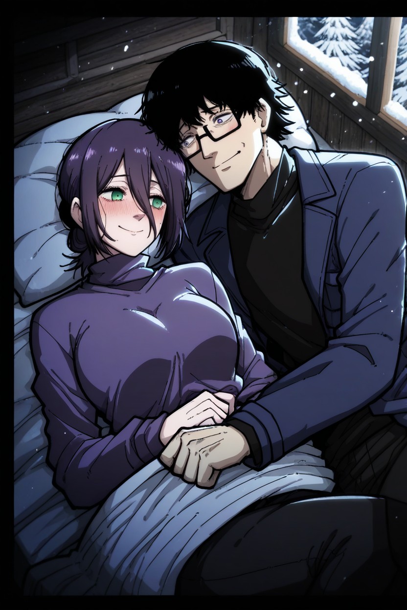 Bright Green Eyes, Mark Gavatino Style, Reze Lying Down Looking To The Left Hentai AI Porn