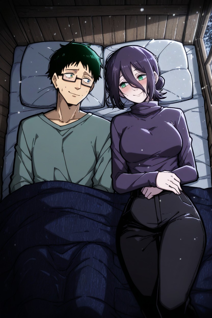 Reze And Man Are Lying On Their Sides In Bed, Outside It Is Snowing And There Are Several Pine Trees, 25+ Hentai AI Porn