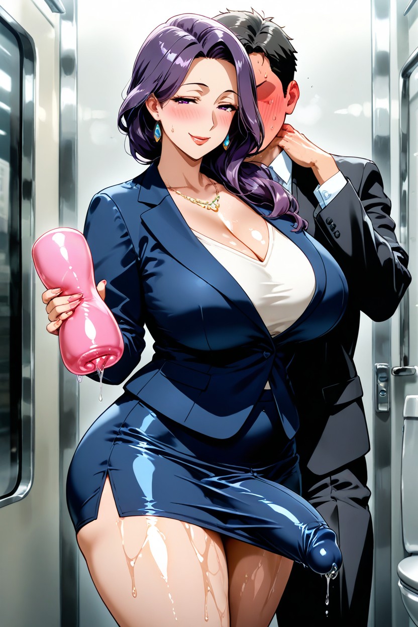 Standing Side By Side, Lavender-purple Hair Styled With A Side Part, Medium Hentai AI Porn