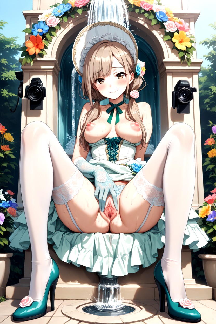 Hazel Eyes, Bare Breasts With Erect Puffy Nipples Exposed, Light Blue Lace Stockings Hentai AI Porn