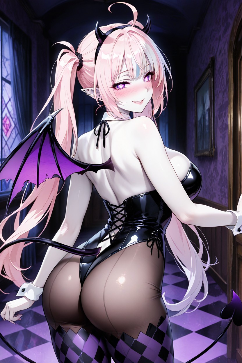 Black Bat Wings On Each Side Of Her Head, Right Hairband Is White, Large Breasts Hentai IA