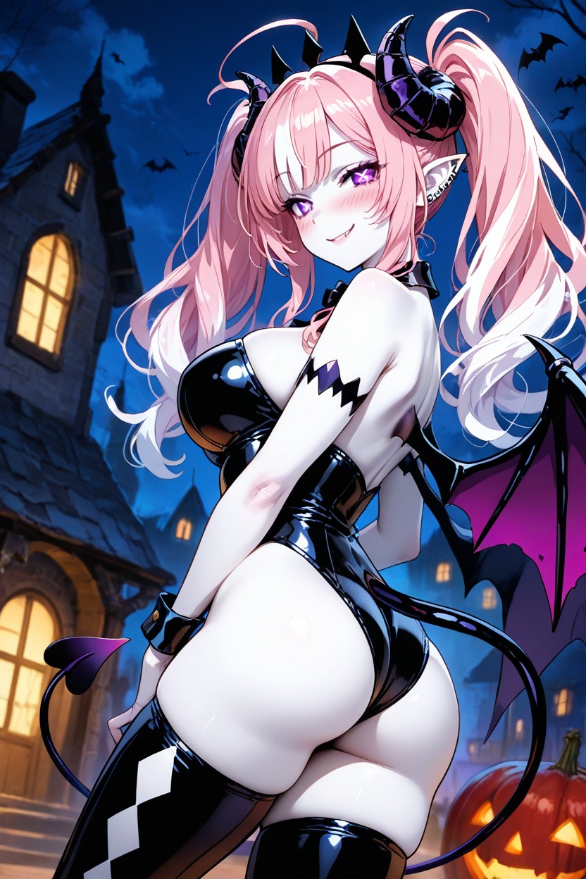 Right Side Of Leotard Is Purple, Long White Streak Down The Center Of Her Center Bangs, Pale White Skin Hentai IA