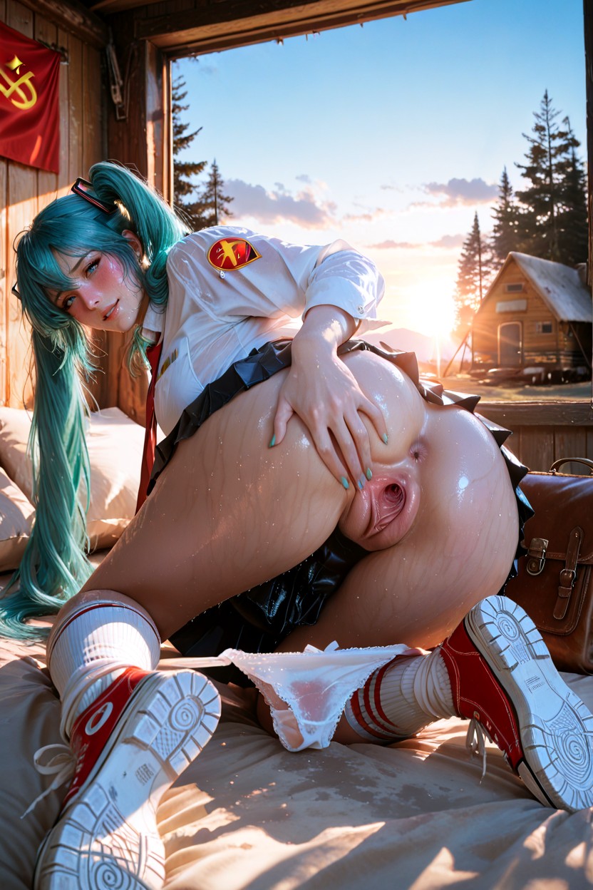 Perfect Detail, Dark Blue High-waisted Pleated Skirt, View Focused On Pussy Hentai IA