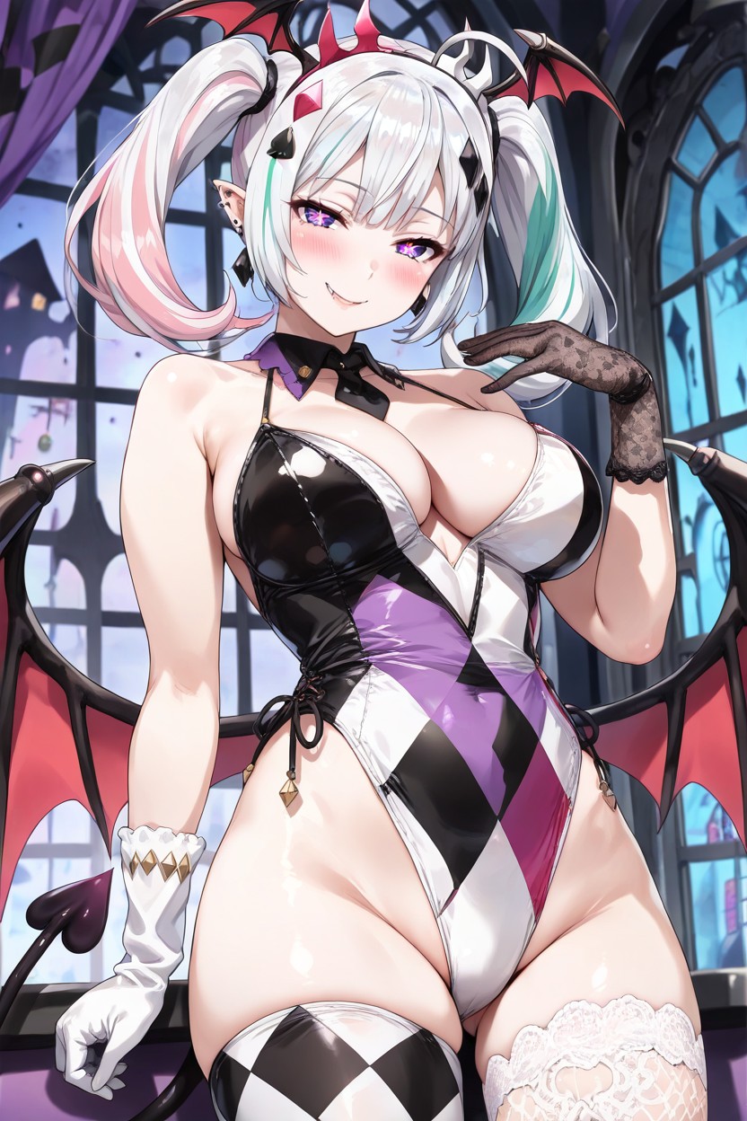 Two White Streaks On Her Curtain Bangs, Right Legging Is Purple And Back Diamond Checkered, Harlequin Hentai IA