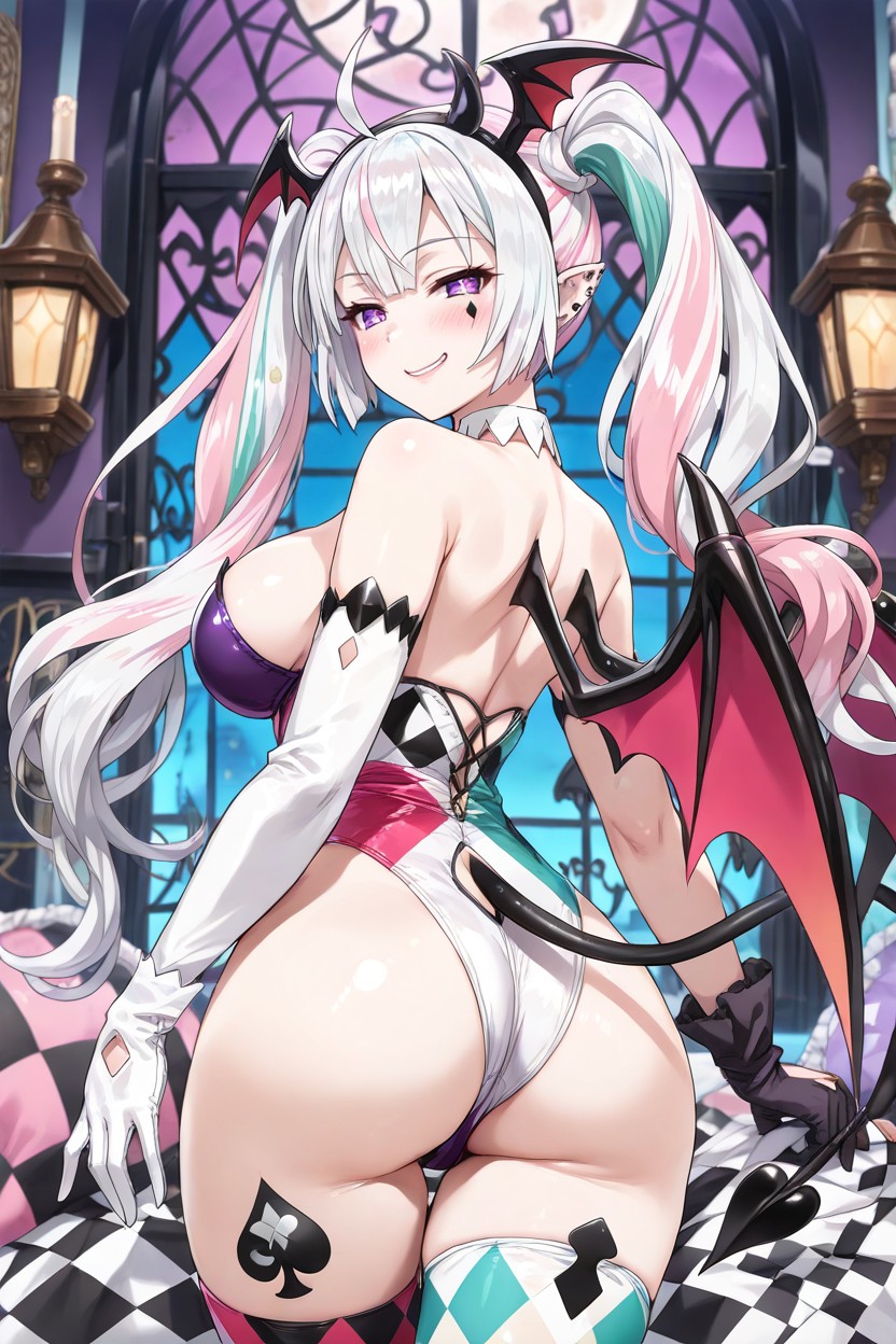 Two White Streaks On Her Curtain Bangs, Large Breasts, Black Bat Wings On Each Side Of Her Head Hentai AI Porn