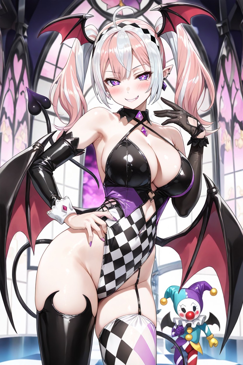 Curved Ahoge With A Single Strand Of Hair Straying From It, Twin Tails Tied In Hair, Harlequin Hentai AI Porn