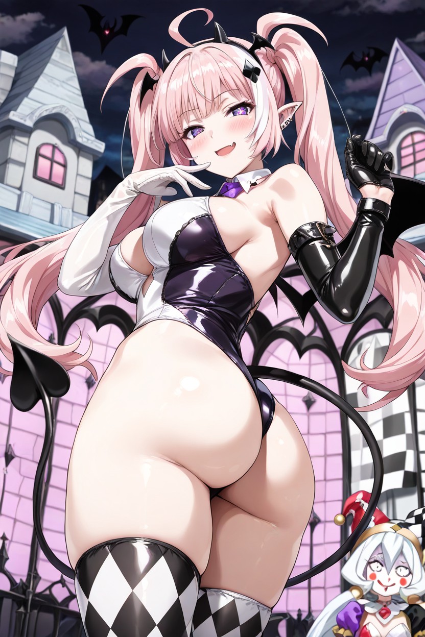 Two White Streaks On Her Curtain Bangs, Twin Tails Tied In Hair, Three White Streaks On Each Twintail Hentai IA