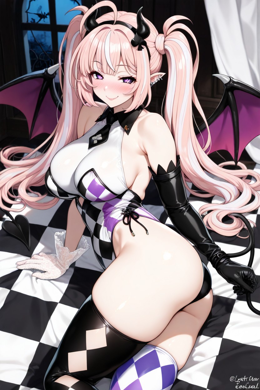Night Time, Pointed Ears With Metallic White Stud Piercings In Them, Black Succubus Tail With Spade Shape At The End Hentai AI Porn
