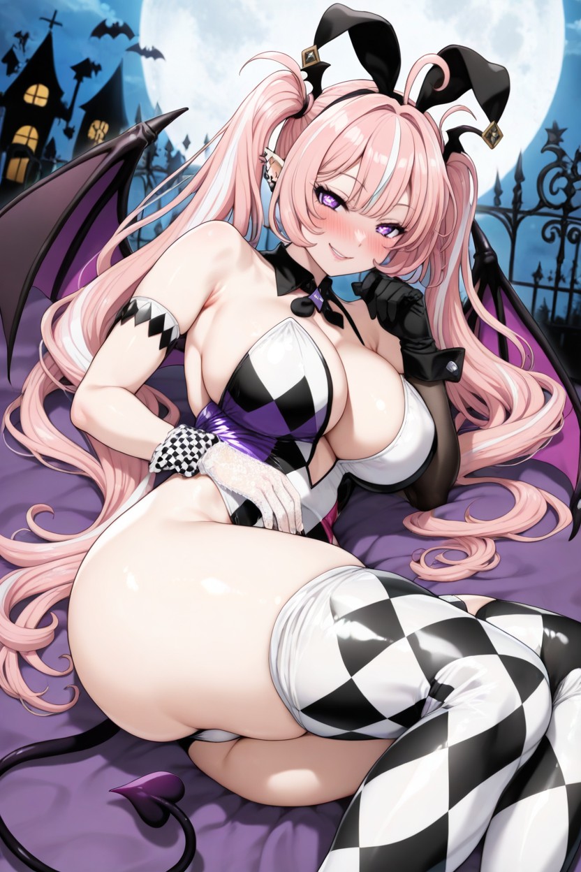 Pale White Skin, Right Legging Is Purple And Black Diamond Checkered, Diamond-shaped Hairbands To The Side Of Each Wing Hentai AI Porn