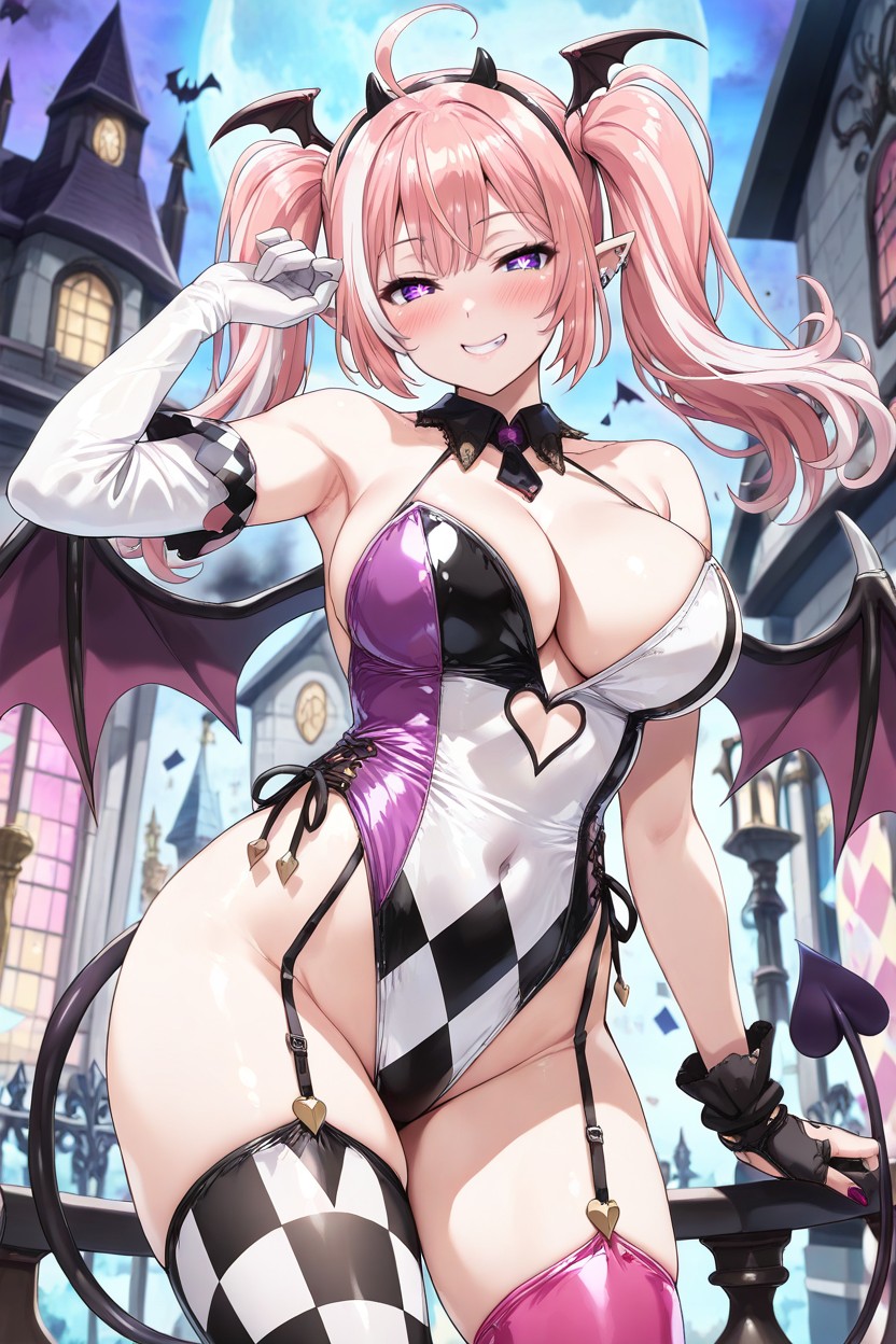 Long White Streak Down The Center Of Her Center Bangs, Right Legging Is Purple And Back Diamond Checkered, Black Bat Wings On Each Side Of Her Head Hentai AI Porn