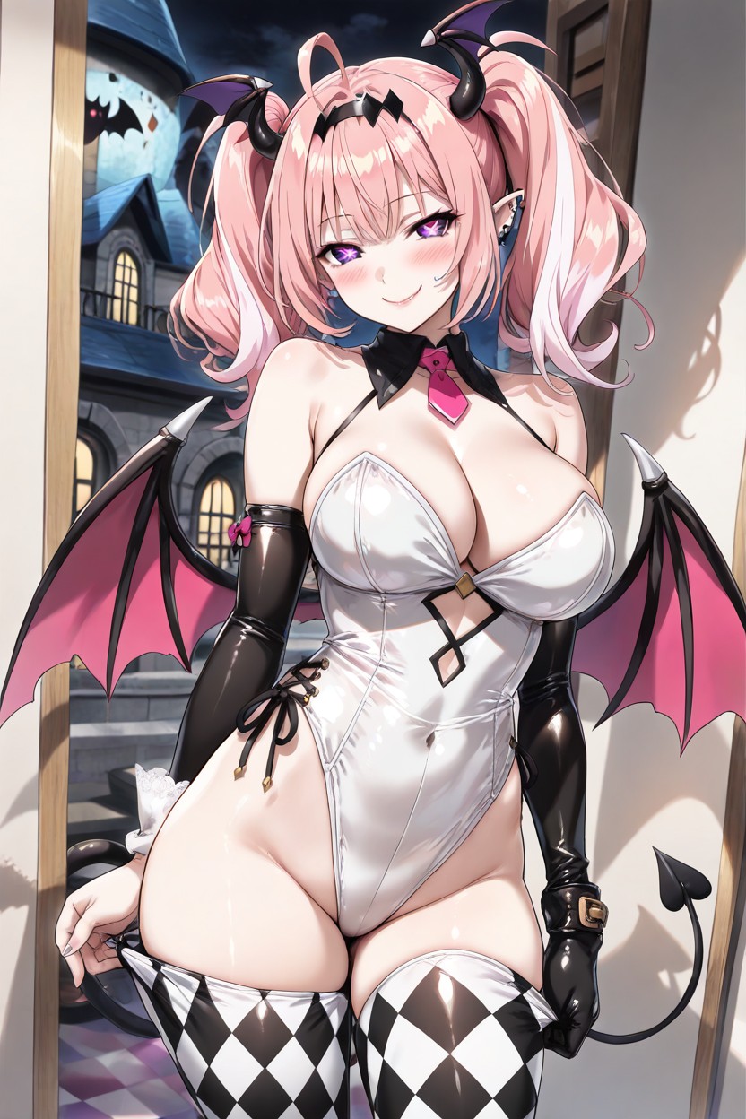Thigh High Leggings, Black Succubus Tail With Spade Shape At The End, Pointed Ears With Metallic White Stud Piercings In Them Porno IA Hentai