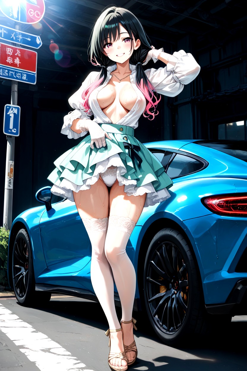 Turquoise Frilly Ruffled Skirt, Frilly Lace Gloves, Hard Lighting AI黃漫