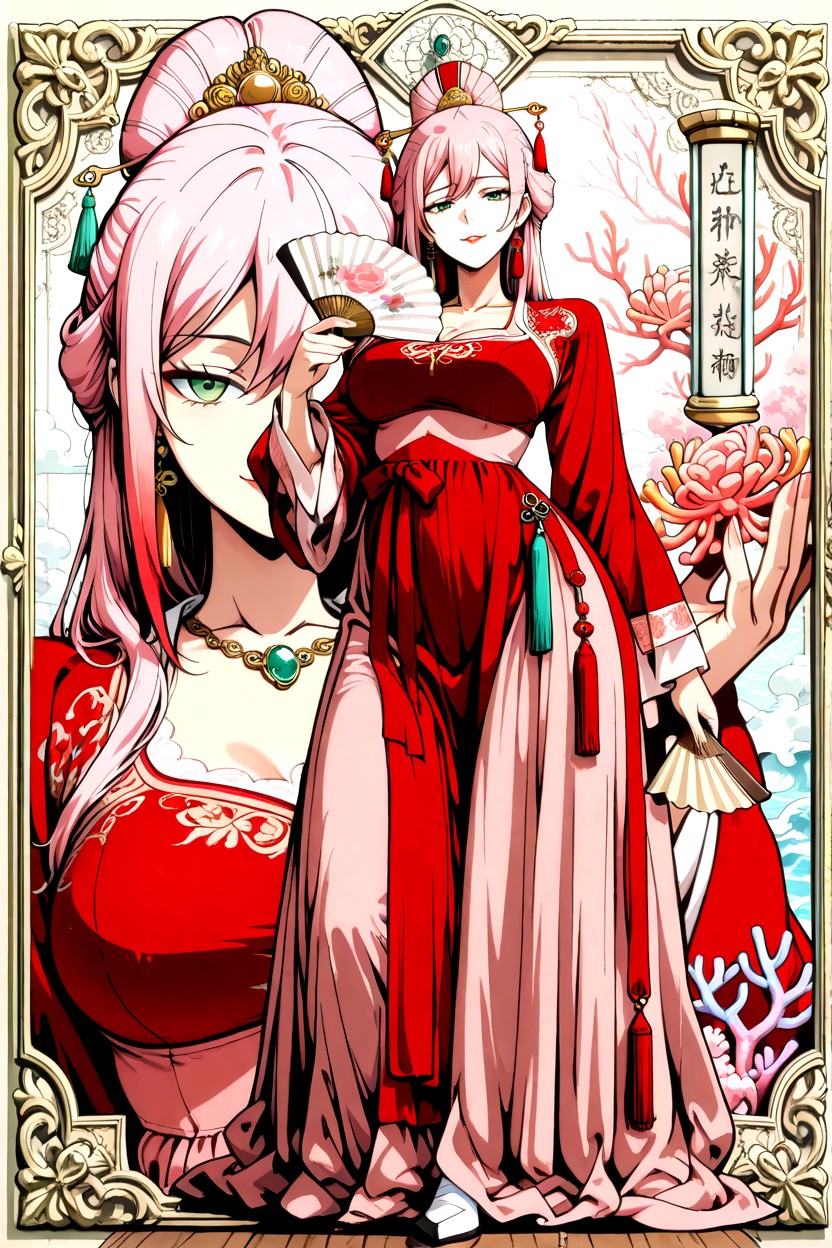 Deep Red Crimson Hanfu Court Dress, Turquoise Gemstone Headpiece, Calm Gentle Expression Porno IA Hentai