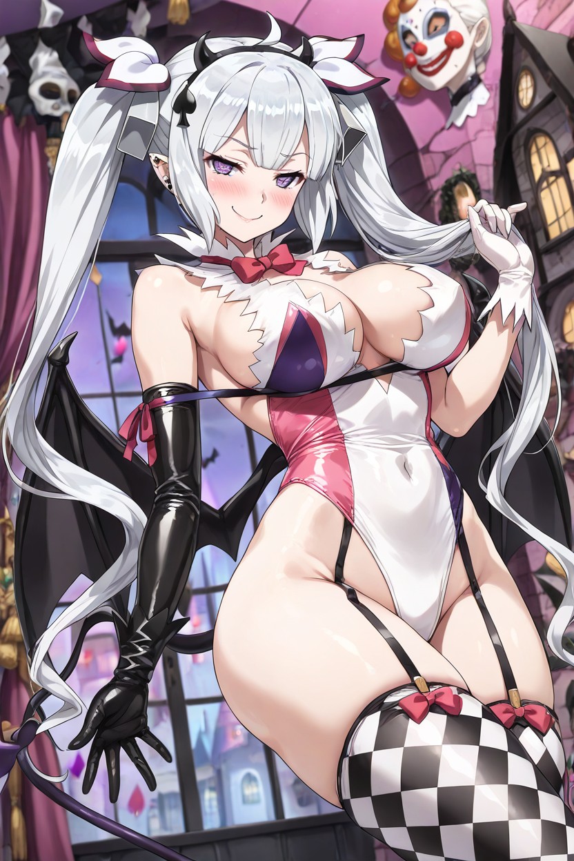 Left Legging Is Black And White Diamond Checkered, Pointed Ears With Metallic White Stud Piercings In Them, Medium Ass Hentai AI Porn