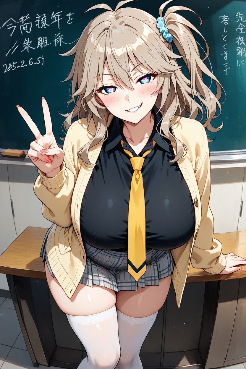 White Thigh-high Socks, Peace Sign, Blue Eyes Hentai AI Porn