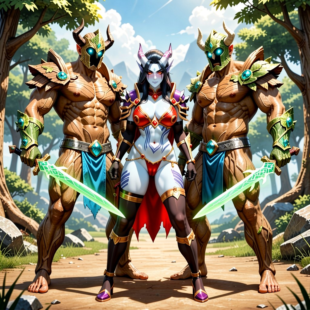 Men, Holding A Glowing Green Magical Sword In Right Hand, Trio Hentai IA