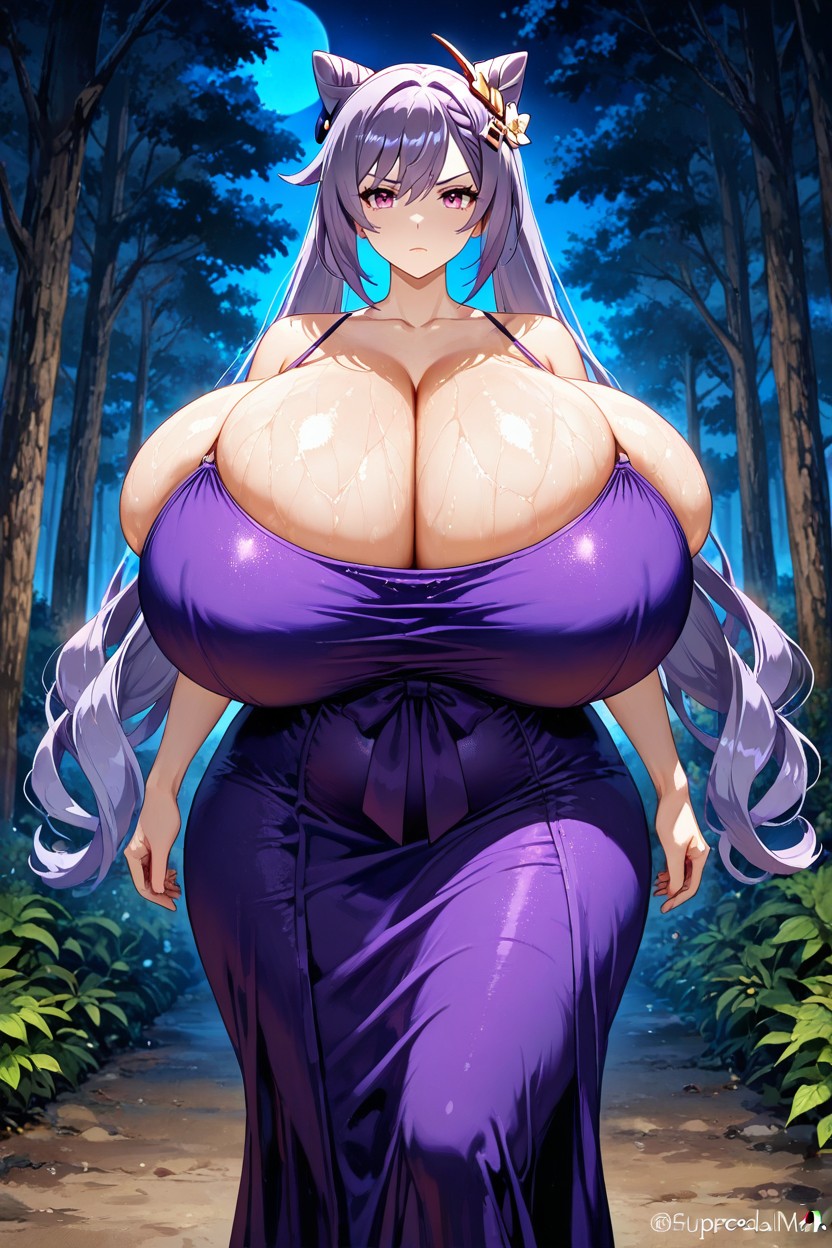 Purple Maxi Dress, Colossal Breasts, Extra Gigantic Breasts Hentai AI Porn