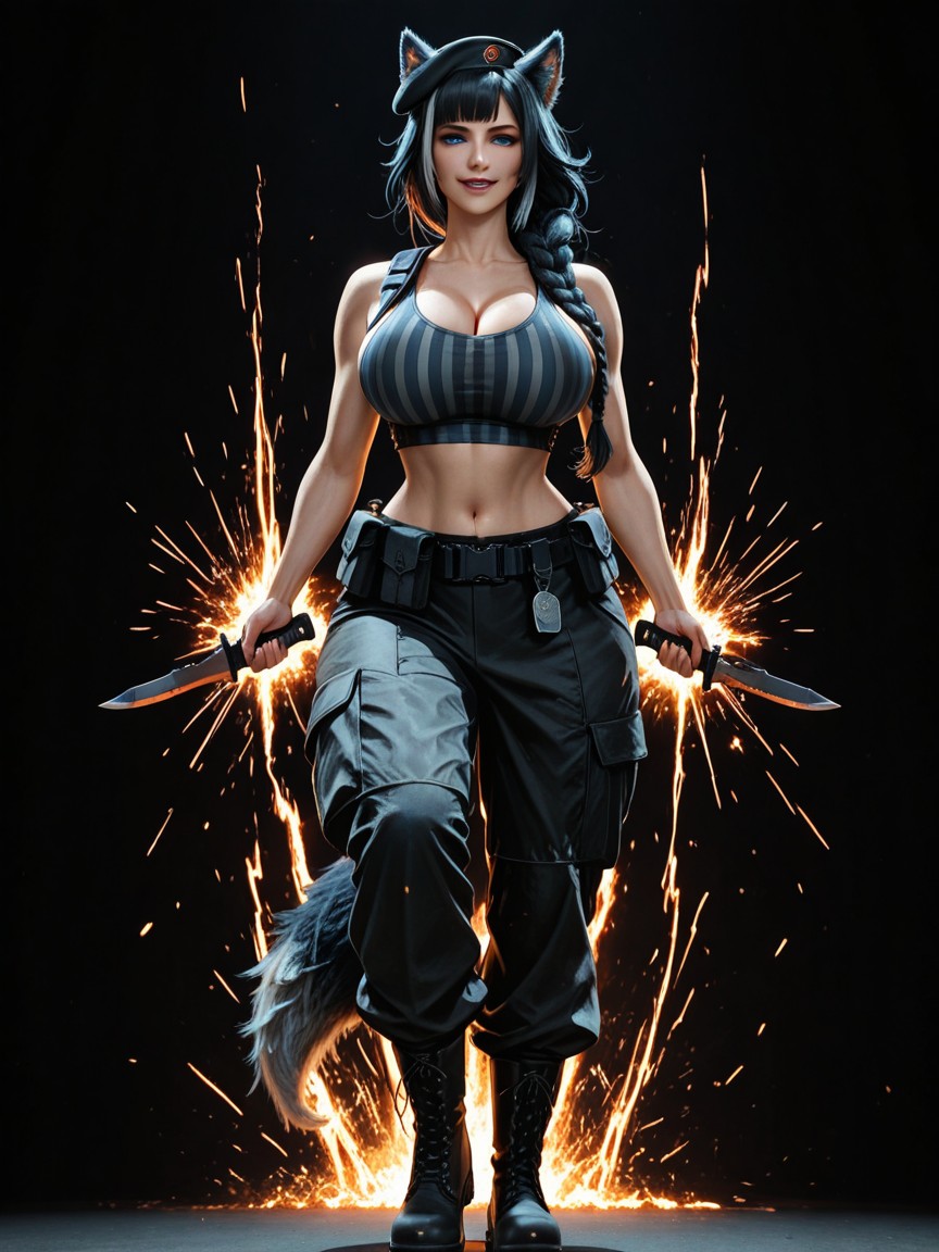 Military Combat Belt With Pouches, Cleavage, Long Length Hentai AI Porn