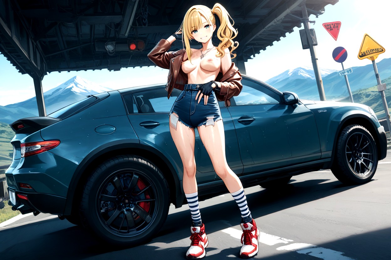 Striped Blue And White Thigh Length Socks, Sensual Happy Smile, Hard Shadow Hentai AI Porn