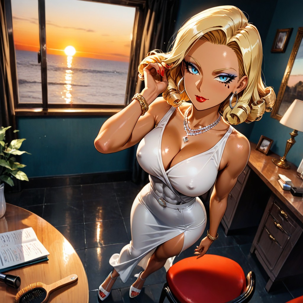 Permed Hair, Tanned Skin, Blue Eyes Hentai AI Porn