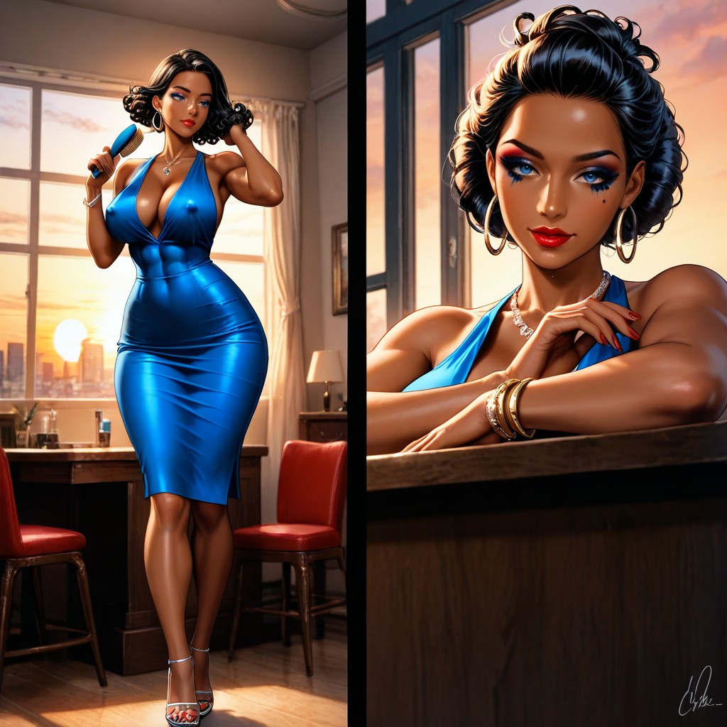 Styling Her Hair, Standing Next To A Red Chair At A Makeup Table, Fermer Porno IA Hentai