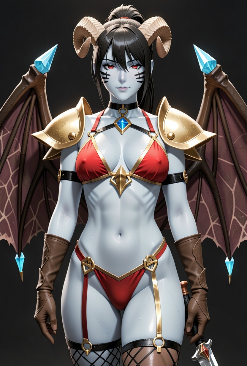 Having Curved Beige Horns On Head, Having Solid Red Eyes, Unlit Textures Hentai AI Porn