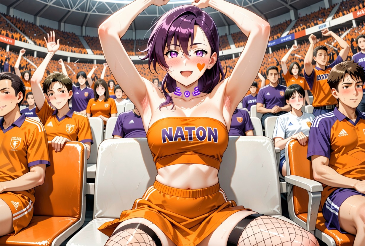 Orange Heart Face Paint On Cheek, Glowing Purple Neck Ring, Orange Skirt Hentai IA